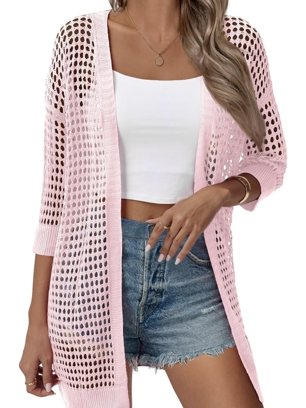 zeagoo Light Pink Open-Knit Swim Coverup Cardigan